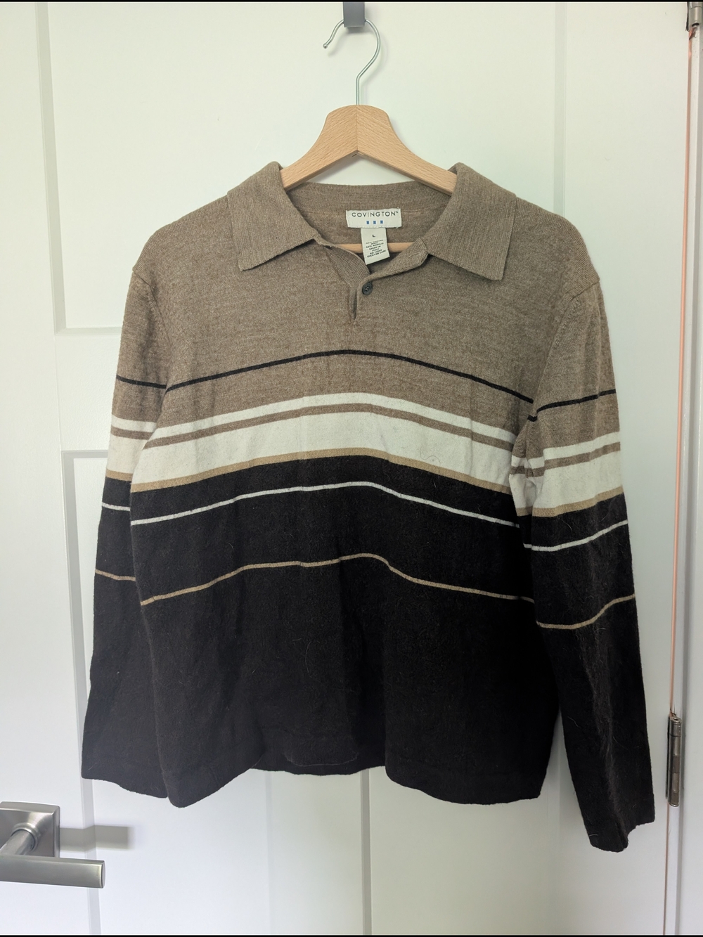 Vintage Covington Brown, Black & White Striped Polo Sweater